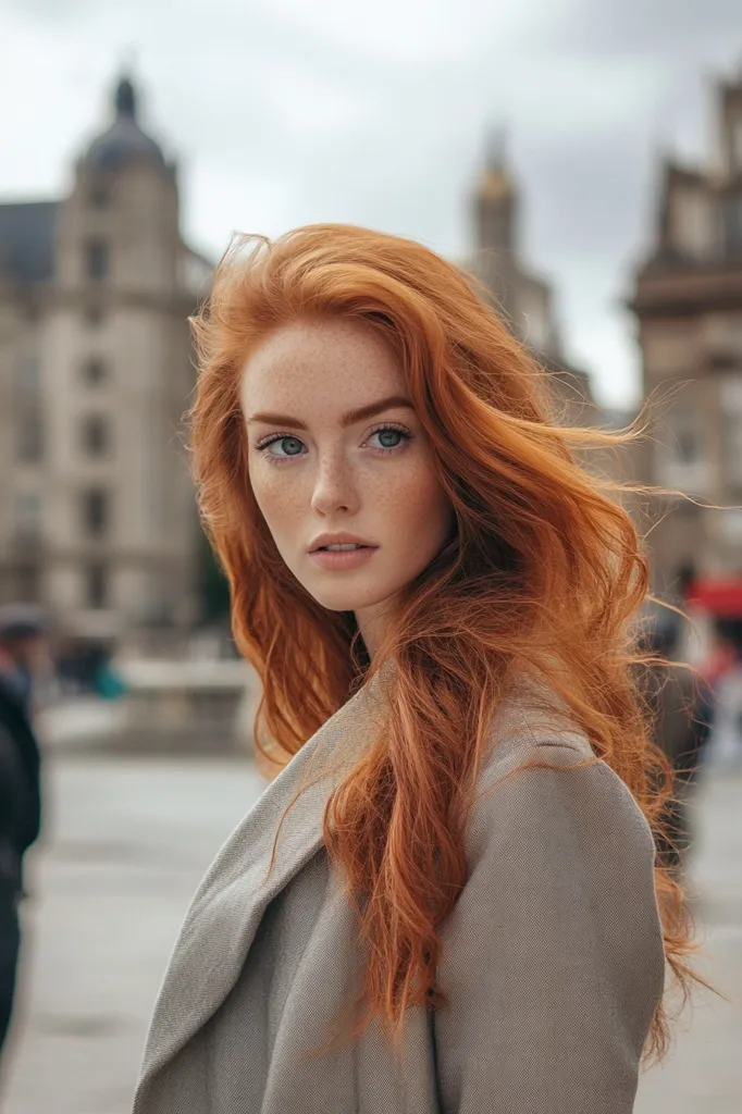 A young woman with long, flowing red hair stands in front of a blurred city background. Her eyes are a bright blue, and her skin is fair with freckles. She is wearing a light-colored jacket, and her hair is partially covering her face. The woman's expression is serene and her gaze is direct. The image evokes a sense of calm and tranquility.