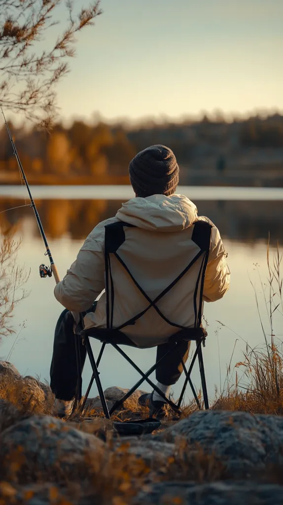 A man wearing a white jacket and a beanie sits in a folding chair by a lake. The lake is calm and still, reflecting the sky and surrounding trees. He is holding a fishing rod, but he is not looking at it, suggesting he is enjoying the serene scenery. The overall scene evokes a sense of peace and solitude.
