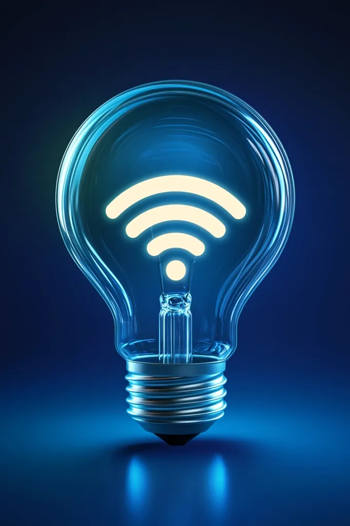 The image shows a light bulb with a glowing white Wi-Fi symbol inside. The bulb is illuminated from within, and the Wi-Fi symbol is the only source of light. The bulb is set against a dark blue background, and the image is shot from a low angle. The image is a conceptual representation of the idea that Wi-Fi is a source of light and knowledge.