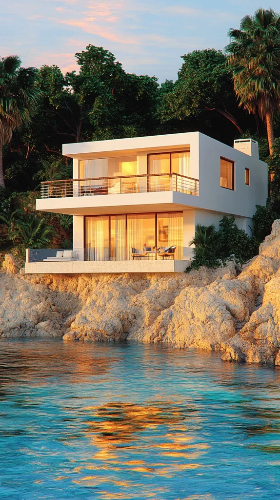A modern, white house with large windows sits on a rocky cliff overlooking a calm, blue ocean. Lush green trees and palm trees surround the house. The sun is setting, casting a warm glow on the water and the house. The scene is serene and tranquil.