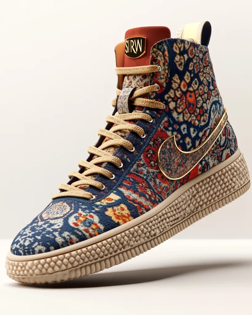 A high-top sneaker with a  pattern reminiscent of an ornate rug in shades of blue, red, and gold. The shoe features a tan leather tongue with a golden "SIRW" label and a tan sole with textured ridges. The Swoosh logo is a gold, outlined in black, and extends from the heel to the midfoot. The laces are tan and complete the eclectic look of the sneaker.