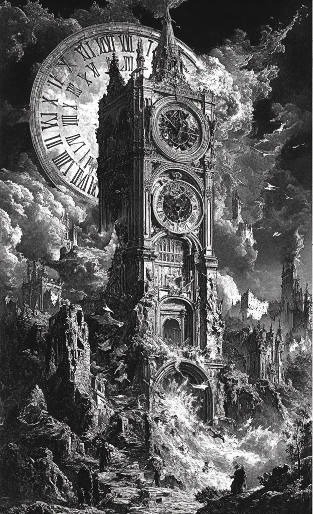 A towering clock tower stands amidst a crumbling cityscape, engulfed by a swirling vortex of clouds and time. The clock face, a giant Roman numeral, dominates the scene, its hands frozen at the moment of destruction. The city's ruins, overgrown with vegetation, suggest a past era consumed by time's relentless march. Tiny figures, dwarfed by the grandeur of the clock and the scale of the ruins, underscore the overwhelming power of time and its inevitable effects. The image evokes a sense of awe and melancholia, reflecting on the fleeting nature of existence and the relentless passage of time.