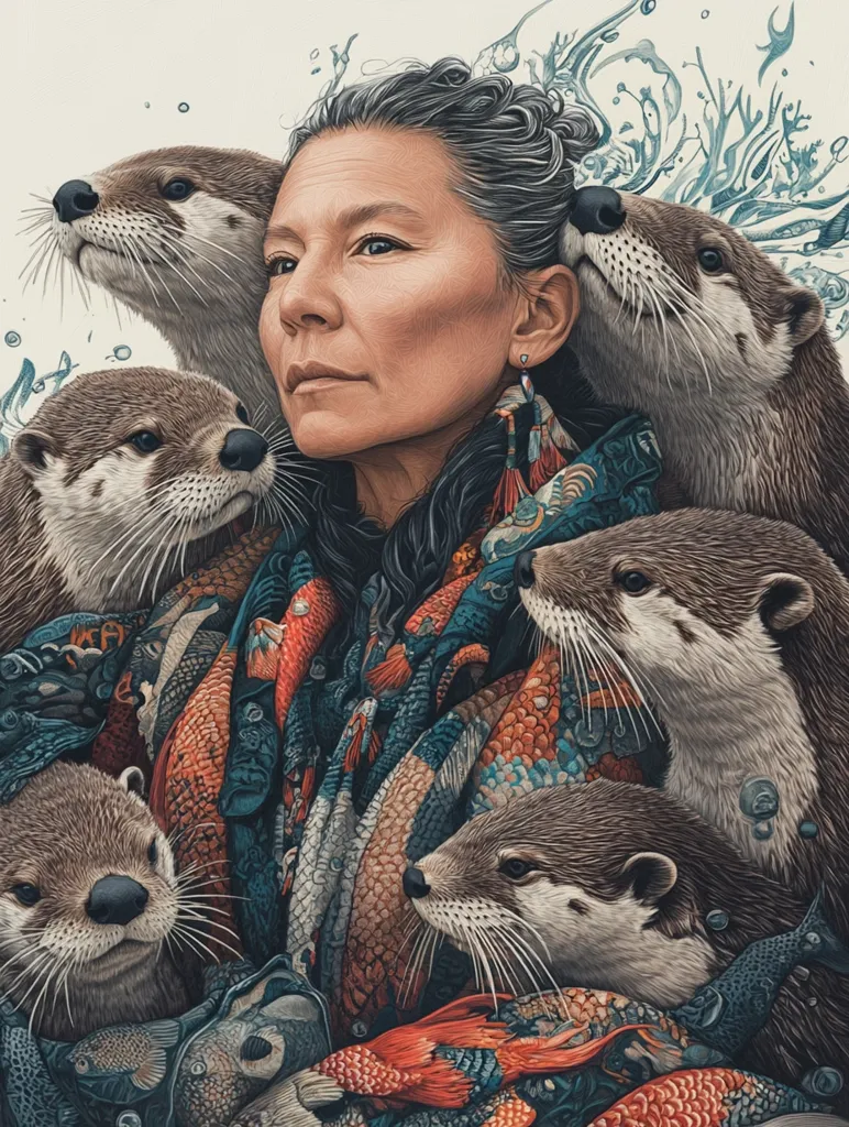 A woman with long gray hair and a serious expression is surrounded by five otters. She wears a colorful scarf with fish and water designs, suggesting a connection to the aquatic world. The otters are in various positions, some looking directly at the viewer, others cuddling with the woman. The background features blue swirls, representing water and a flowing movement.  The image evokes a sense of tranquility and a harmonious relationship between humans and animals.