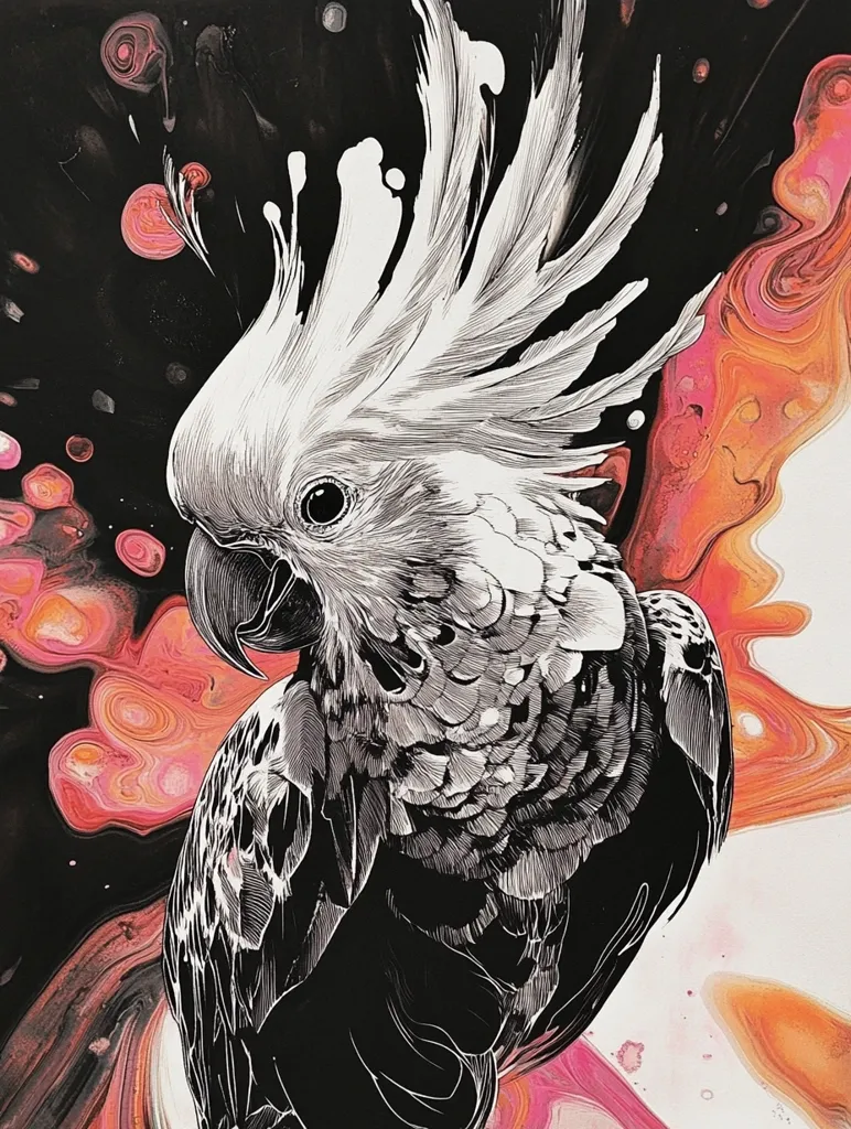 A black and white drawing of a cockatoo with a large, white crest. The cockatoo is looking to the left of the image, with its head tilted slightly downwards. The background is a vibrant, abstract design of swirling pink and orange hues on a black canvas.  The cockatoo's detailed feathers are depicted in a realistic style, with the contrast between the white crest and the dark body creating a dramatic effect. The artwork is reminiscent of a traditional ink drawing.