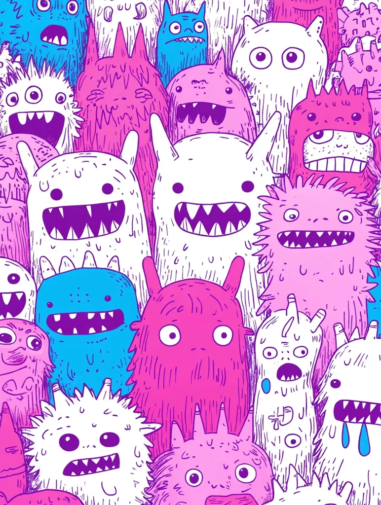 The image is a cartoon drawing of a group of colorful, furry monsters. They have different shapes, sizes, and expressions, including happy, surprised, and grumpy. They are all drawn in a whimsical style with bold outlines and bright colors. Some of the monsters have large teeth, while others have big eyes. They are arranged in a chaotic and playful way, creating a sense of fun and energy.  The background is a simple white space, allowing the monsters to stand out.