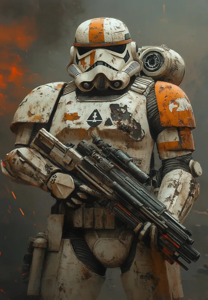 A Stormtrooper stands in front of a blurry, orange-red background. He is heavily armed with a large blaster rifle and has a backpack. He is wearing white armor with orange accents and is covered in grime and dirt. The scene evokes a sense of battle and danger.