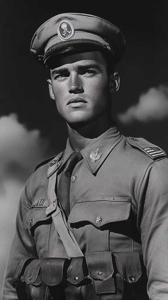 A young man in military uniform, likely a soldier, stands with a serious expression. He wears a cap with a military insignia, a crisp shirt with a tie, and a belt with pouches. The image is black and white, giving it a classic, wartime aesthetic. The background is a cloudy sky, suggesting an outdoor setting.