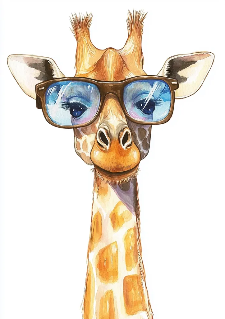 A watercolor illustration of a giraffe wearing brown-rimmed glasses with blue lenses. The giraffe is looking directly at the viewer with a slight smile on its face. The background is white, and the illustration is done in a realistic style. The giraffe's fur is a light brown and yellow color, and its glasses are round and have a reflective surface. The giraffe's eyes are dark brown and its nose is black. It appears to be looking directly at the viewer with a gentle, curious expression.  The giraffe's neck and head are the only parts of its body that are visible in the image.