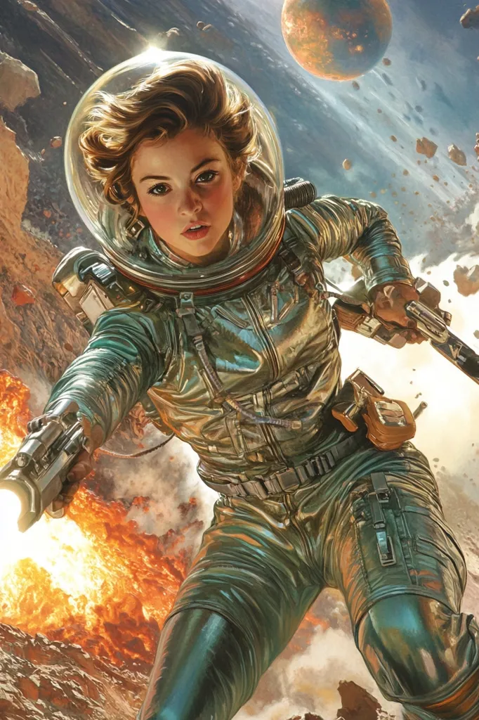 A female astronaut in a futuristic spacesuit, with a determined expression, fires a weapon while in the midst of a space battle. She is surrounded by the debris of an explosion, with a distant planet visible in the background. The image is full of action and energy.