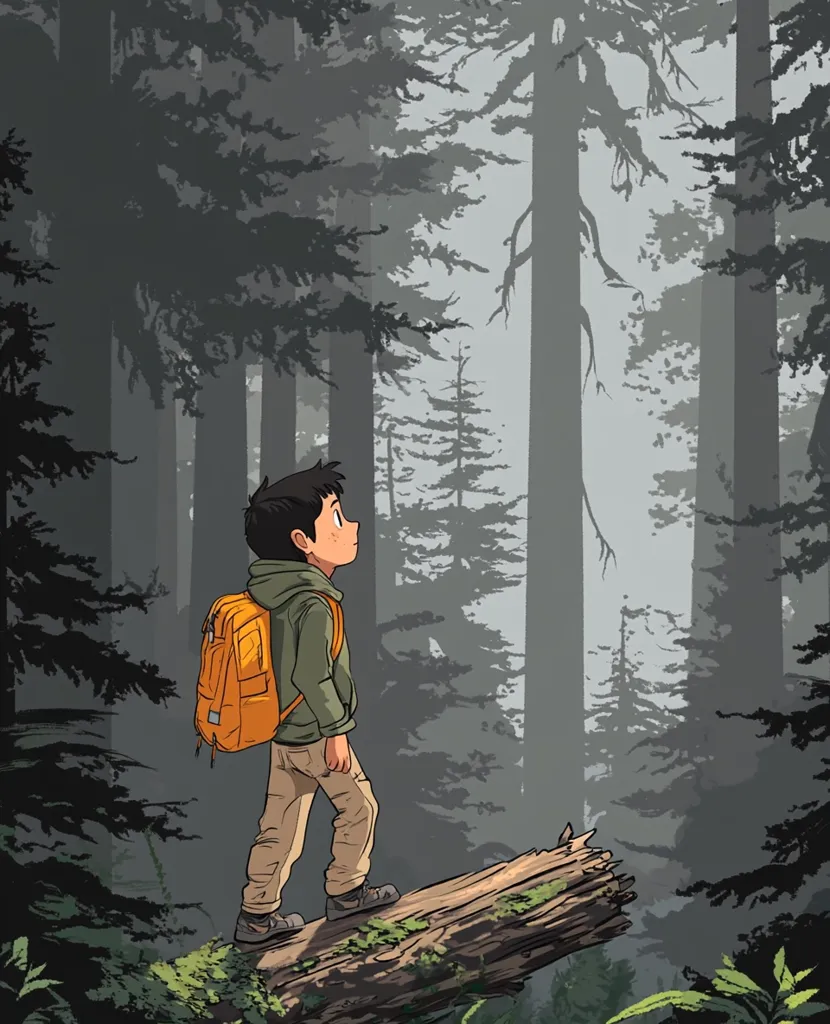 A young boy with a backpack stands on a fallen log in a misty forest, gazing up at the tall trees. The forest is dense and shrouded in a soft haze, creating a sense of mystery and adventure.  The boy's posture suggests curiosity and wonder, as he explores the natural world around him. The scene evokes a sense of tranquility and the beauty of nature.