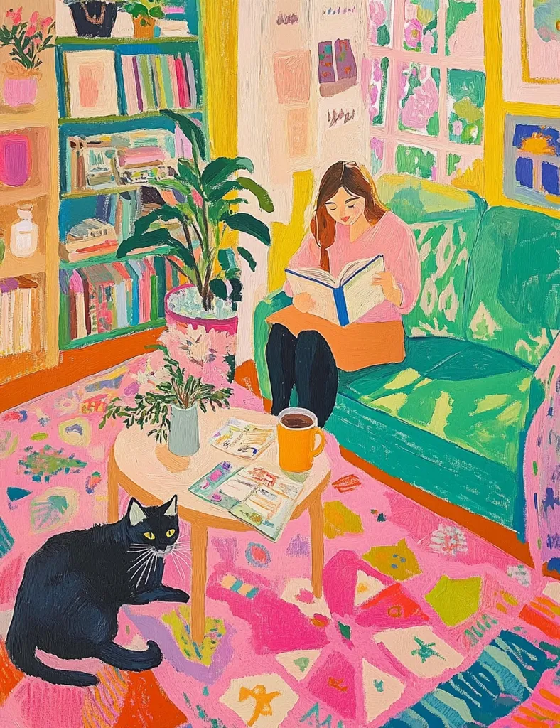 A woman sits on a green sofa reading a book, with a black cat lying on a brightly colored rug. A large plant stands in the corner, and a bookshelf filled with colorful books lines the wall. A cup of coffee sits on a table with other books, completing the cozy interior.  The bright colors and playful shapes create a vibrant and joyful atmosphere.