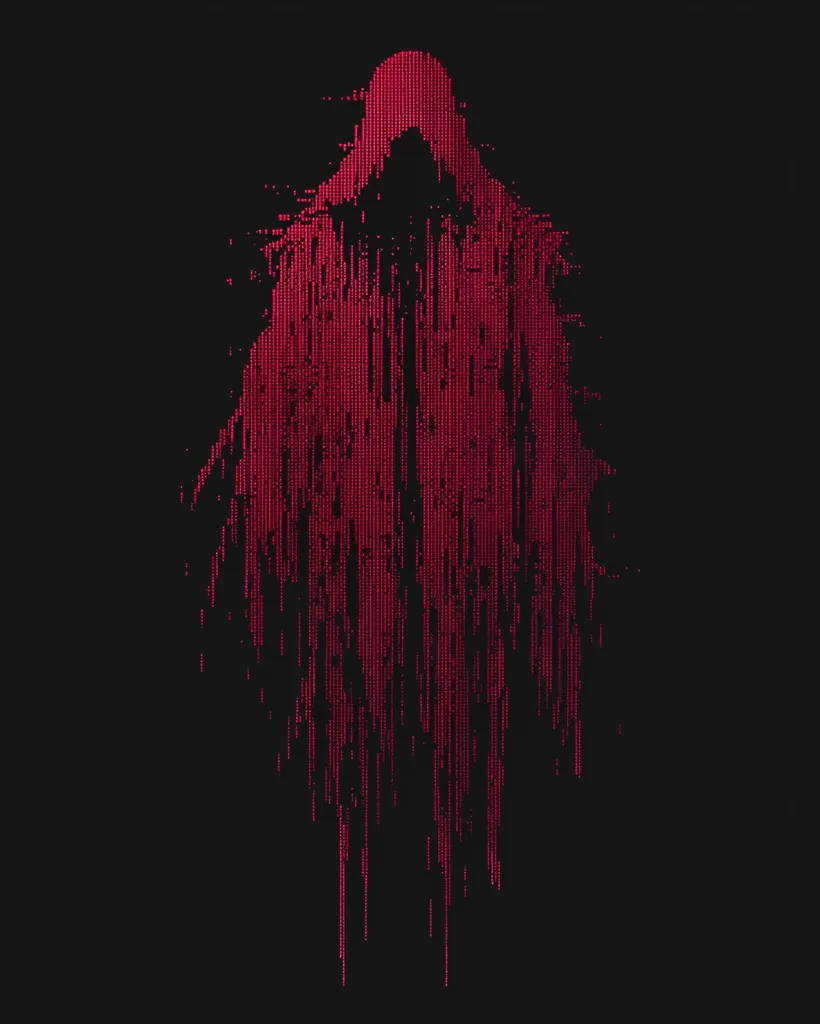 The image depicts a digital representation of a hooded figure, possibly a ghost or phantom, rendered in a dark red color. The figure is composed of numerous small, pixelated dots, suggesting a digital or computer-generated image. The figure stands against a black background, creating a stark contrast and emphasizing its eerie presence. The cascading lines of pixels evoke a sense of movement and instability, adding to the haunting atmosphere of the image.