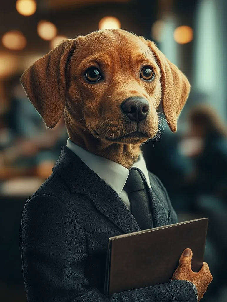 A brown dog wearing a black suit and tie, with a serious expression, holds a brown folder in its paws. The dog appears to be in a professional setting, with blurred people and lights in the background. Its large, dark eyes and attentive posture create a humorous contrast with its canine features.