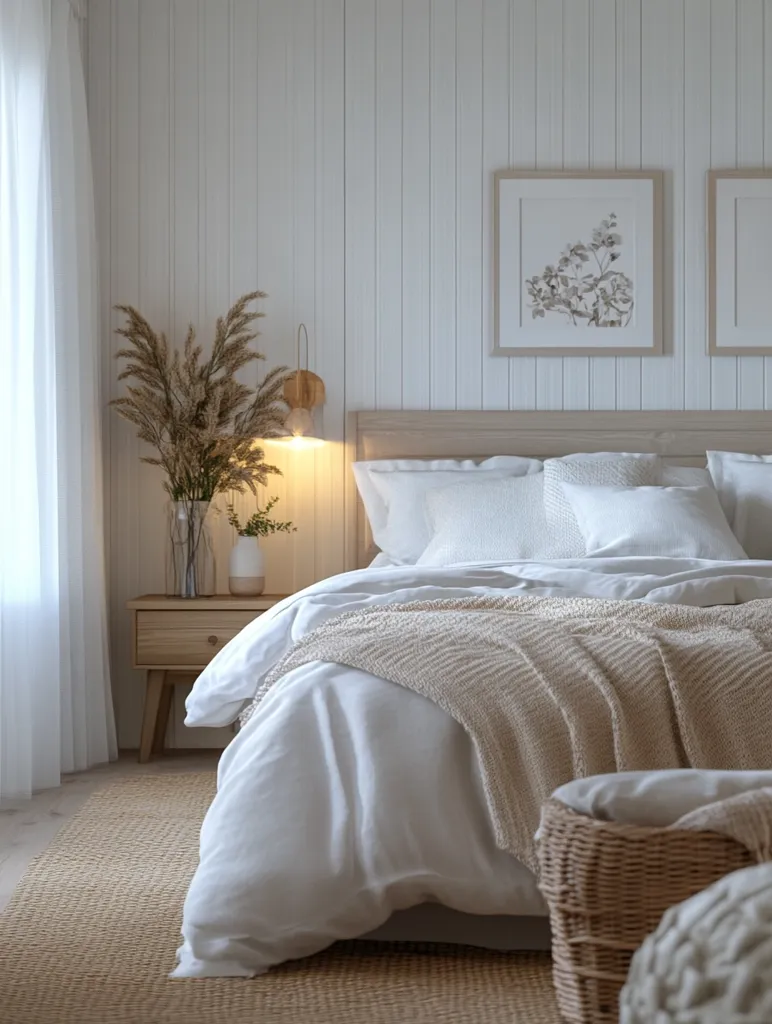 A cozy bedroom with white walls and wooden paneling features a large bed with white linens and a beige throw blanket. A vase of dried flowers sits on the bedside table, and two framed floral prints adorn the wall. The room is bathed in soft, natural light, creating a calming and inviting atmosphere. A wicker basket sits at the foot of the bed, adding a touch of rustic charm. The image conveys a sense of peace and tranquility.