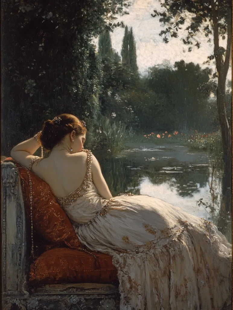 A woman in a white dress sits on a plush, red-cushioned bench, gazing out at a tranquil pond. The scene is set in a lush, green forest with towering trees and a soft, hazy sky above. Her back is to the viewer, highlighting the flowing lines of her gown and the delicate beauty of the natural setting. Light streams through the foliage, casting a warm glow over the scene. The woman's relaxed posture and the serene atmosphere evoke a sense of peace and tranquility.