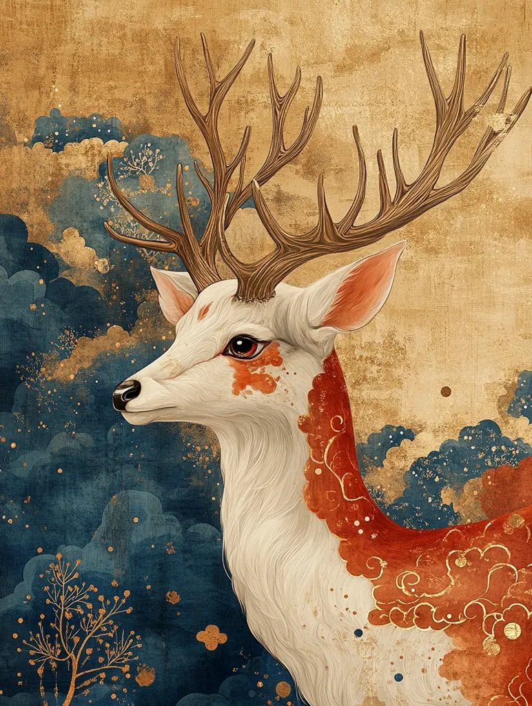 A white deer with large antlers, adorned with intricate red and gold patterns, stands against a backdrop of swirling blue clouds.  The deer's fur is delicately painted with a soft, white sheen, and its eyes are piercing and intelligent. The background features an abstract, ethereal landscape that adds to the mystical and serene feel of the image. The overall style is reminiscent of Japanese art, with its emphasis on intricate details and natural beauty.