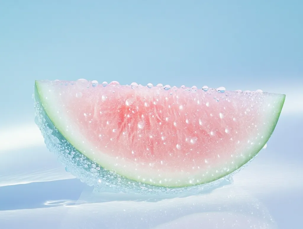 A slice of watermelon sits on a blue background. The watermelon is covered in water droplets, giving it a refreshing and summery look. The soft blue background complements the pink and green hues of the watermelon, creating a visually appealing image. The image evokes a sense of coolness and tranquility.