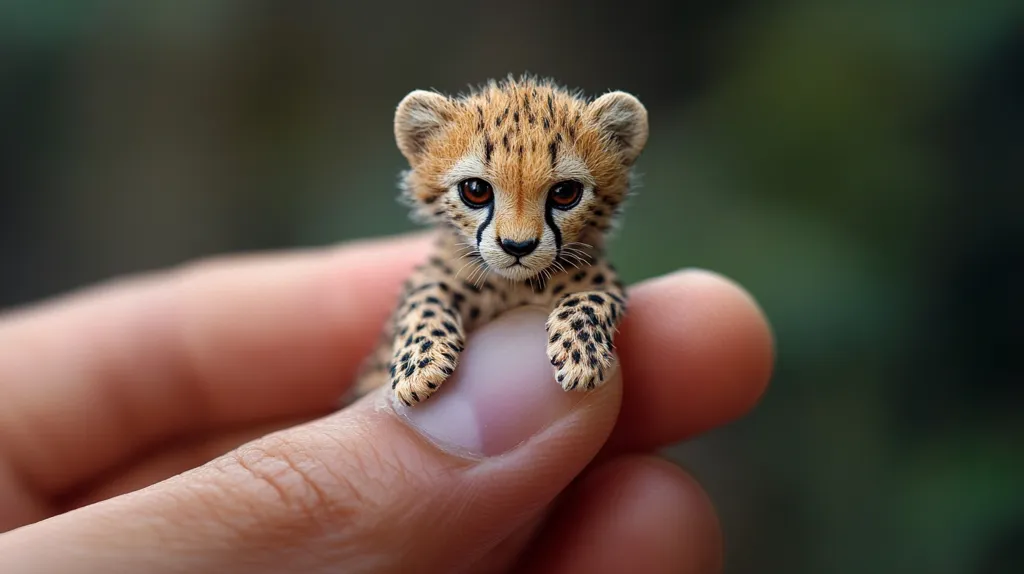 A tiny cheetah cub, no bigger than a human hand, sits in the palm of a person's hand. The cheetah cub has a soft, brown and black spotted coat and large, dark eyes. It looks directly at the camera with a curious expression. The background is blurred, suggesting a natural setting. The image captures the fragility and cuteness of this small creature.