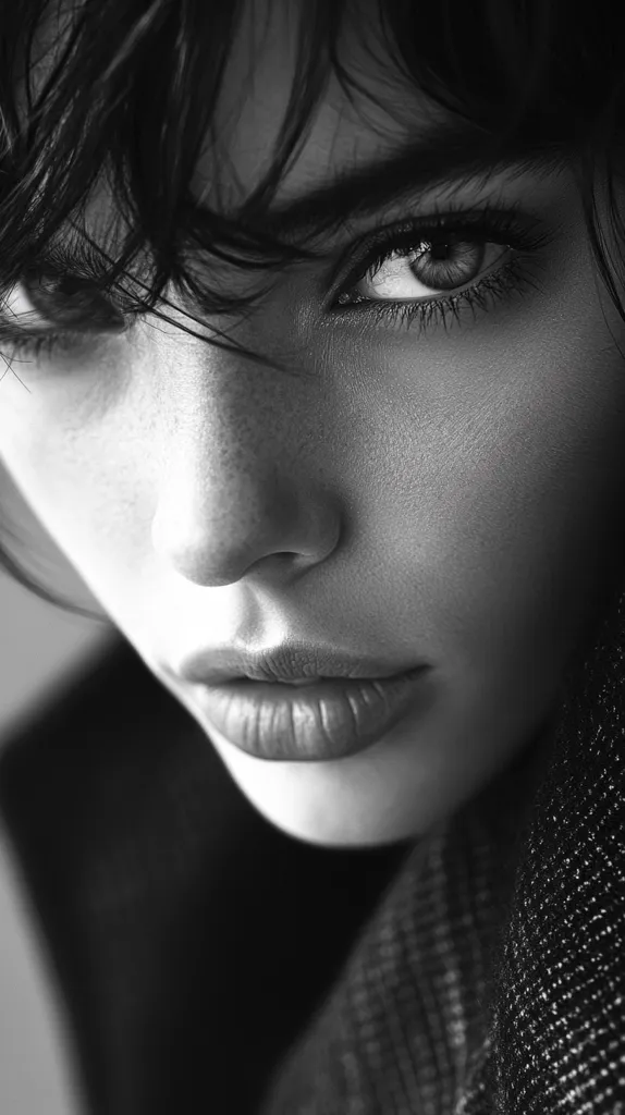 The image is a black and white portrait of a woman with short, dark hair. Her face is partially obscured by her hair, but we can see her piercing blue eyes, full lips, and a strong jawline. Her skin is smooth and flawless, and she is wearing a dark jacket that contrasts with her pale complexion. The image is moody and atmospheric, with a focus on the woman's intense gaze.  She appears to be in deep thought, and her expression is both enigmatic and alluring.