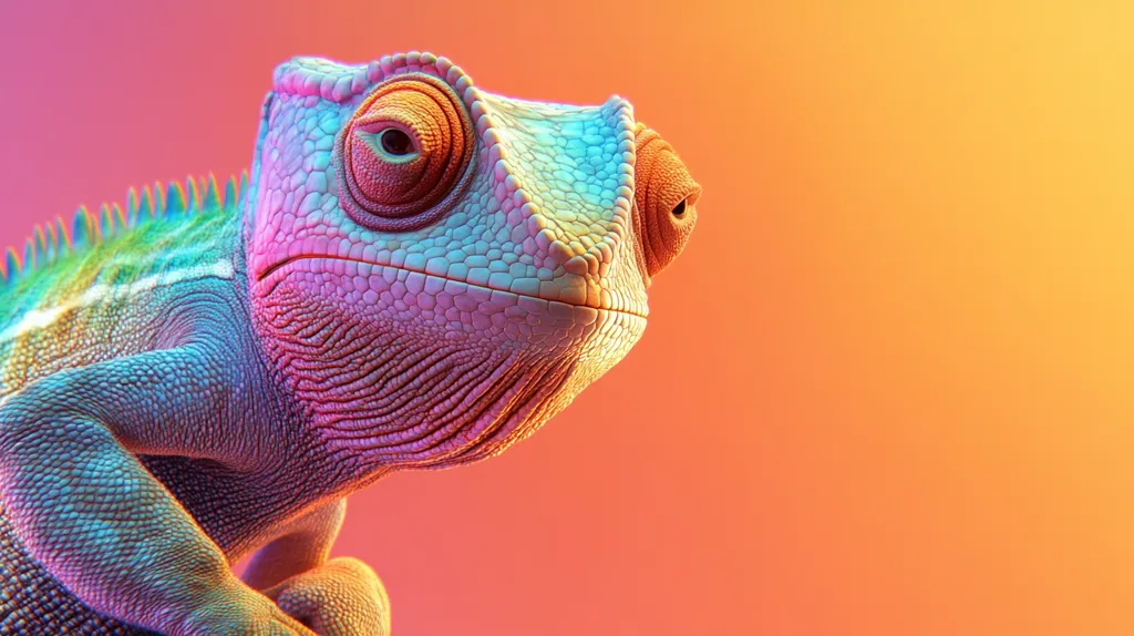 The image shows a close-up of a chameleon's face. The chameleon's skin is a vibrant mix of blue, green, and pink, and its eyes are large and round. The chameleon's body is out of focus, but its skin is visible and has a bumpy texture. The background is a warm orange-yellow gradient. The image is a study in color and texture, and it captures the chameleon's unique beauty.