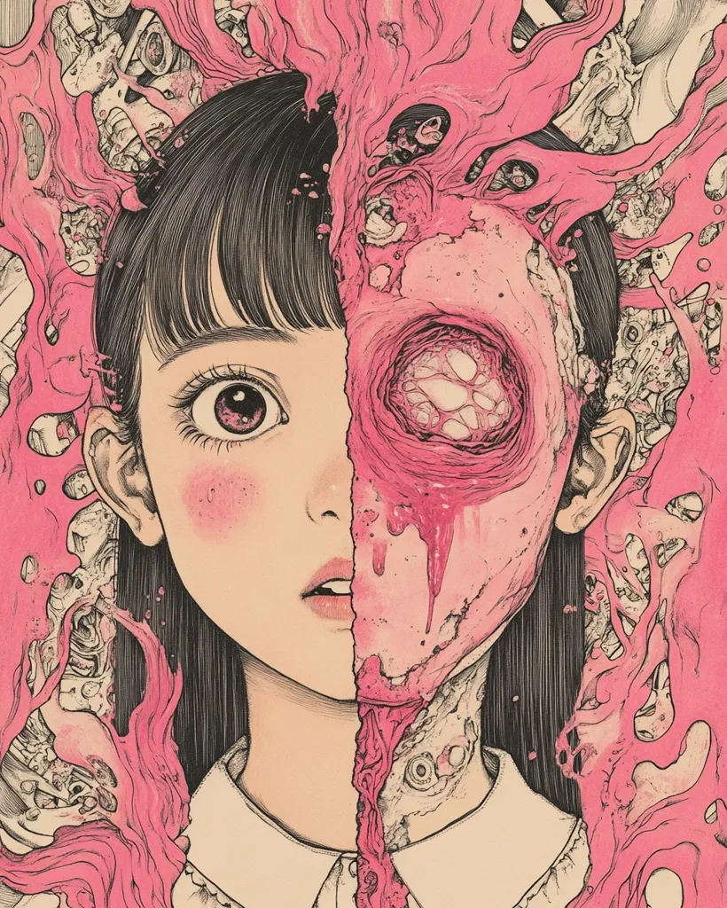 A young girl with long black hair is depicted in a detailed black and white drawing. Her face is split in two, revealing a grotesque, fleshy monster on the right side. The monster is covered in pink, dripping goo, and has a large, gaping eye. The girl's left side is more human-like, with a soft expression and pink cheeks, but her wide, innocent eyes suggest a sense of unease. The background is filled with swirling, organic shapes that are both beautiful and unsettling. The image is a disturbingly beautiful exploration of duality and the juxtaposition of innocence and horror.