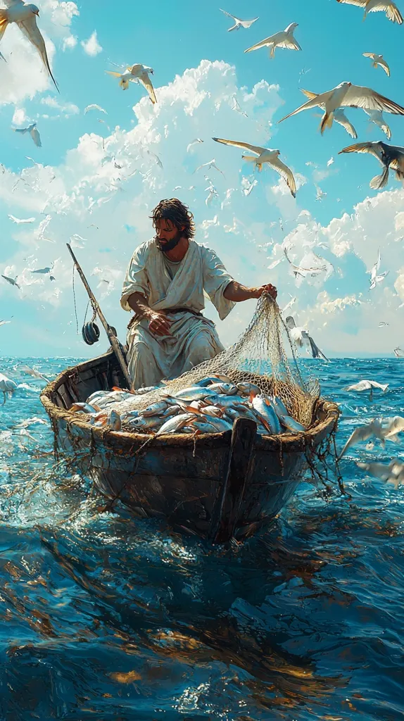 A man in a white robe is pulling a fishing net filled with fish from the water. The boat is wooden and has a few oars. There are many white birds flying in the sky. The ocean is blue and the sky is light blue with white clouds. The image evokes a sense of peace and serenity.  The man's facial expression is difficult to decipher as his head is turned away.  There are numerous white birds in flight.