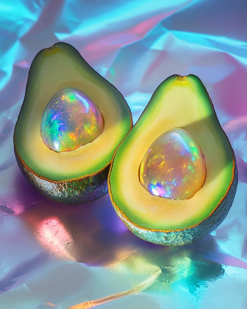 Two halved avocados rest on a holographic surface. The avocado halves are filled with iridescent, gemstone-like orbs that reflect a rainbow of colors. The vibrant colors of the orbs and the holographic surface create a visually striking and surreal image.