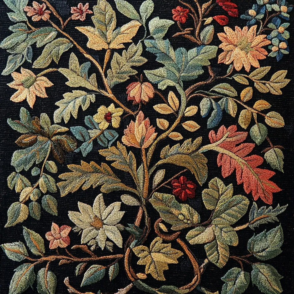 The image depicts a detailed embroidery pattern on a black fabric. It features a vibrant assortment of flowers and leaves, showcasing intricate stitching and a variety of colors.  The embroidery technique, possibly using needlepoint or crewel work, creates a rich and textured design. The image is likely a close-up of a piece of textile, possibly part of a larger tapestry or cushion cover.
