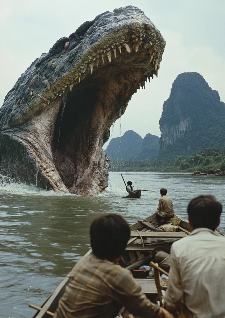 A large, monstrous creature with a gaping maw emerges from a river, its head reaching high above the water level. Three men in a small boat are looking up in awe and fear at the beast. The backdrop is a scenic landscape with lush greenery and towering mountains in the distance. The creature's appearance evokes a sense of danger and wonder, creating a dramatic scene that blends the natural world with a mythical element.