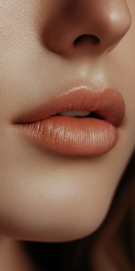 The close-up image focuses on a woman's face, showcasing her smooth skin and subtly highlighted cheekbones. Her lips are painted in a soft nude shade, emphasizing their natural fullness. The light catches her nose, creating a gentle shadow that adds depth to the portrait. The image evokes a sense of beauty and natural charm.