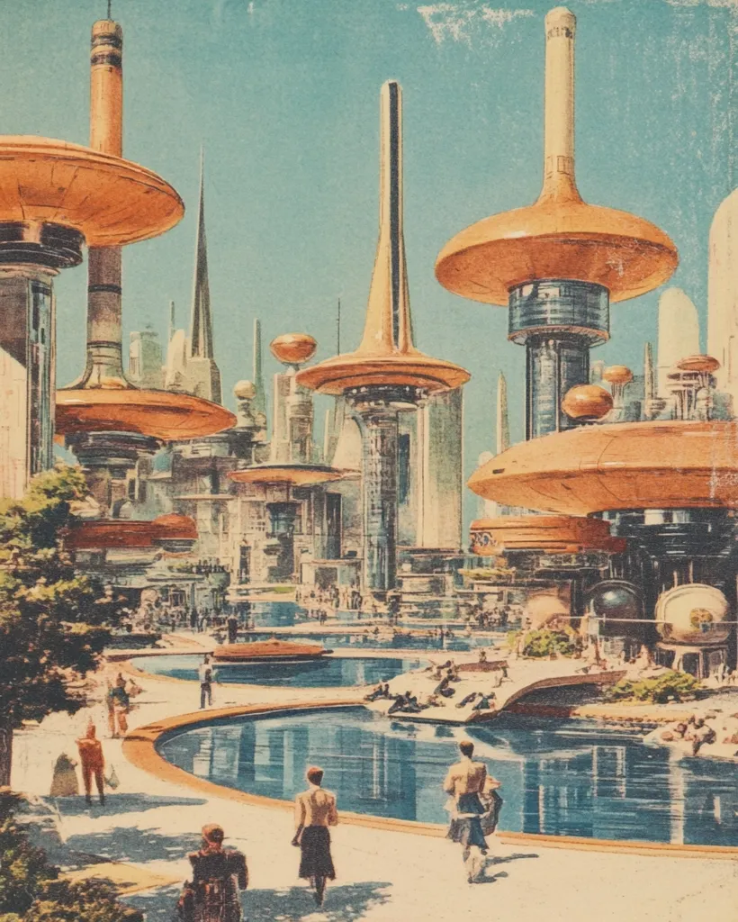 The image depicts a futuristic city with tall, slender buildings topped with large, circular platforms. The buildings are connected by bridges and walkways, and there is a large, blue pool in the foreground. The city is teeming with people going about their daily lives, creating a lively and vibrant atmosphere. The overall style of the image is retro and colorful, reminiscent of vintage science fiction illustrations.