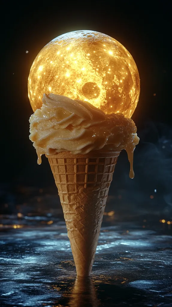 A golden moon sits on top of a melting ice cream cone. The ice cream is a pale yellow and the cone is a waffle cone. The image has a dark background with some smoke and is lit by the golden light of the moon. The cone sits on a reflective surface that has a blue hue.  The image is surreal and abstract.