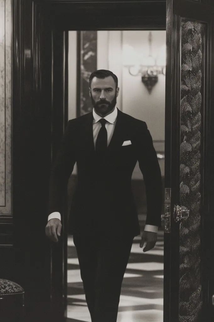 A man in a sharp black suit and tie stands in a doorway. He is looking intensely at the camera. The image is in black and white, creating a sense of mystery and intrigue. The lighting is dramatic, casting shadows around the man. The ornate doorway adds to the elegant and sophisticated atmosphere.