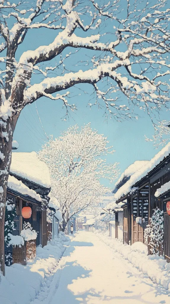 A snowy street lined with traditional Japanese houses. Snow-covered trees frame the scene, with a clear blue sky overhead. The houses have wooden frames and are decorated with lanterns. The snow creates a peaceful and serene atmosphere, with soft shadows cast on the white surface.