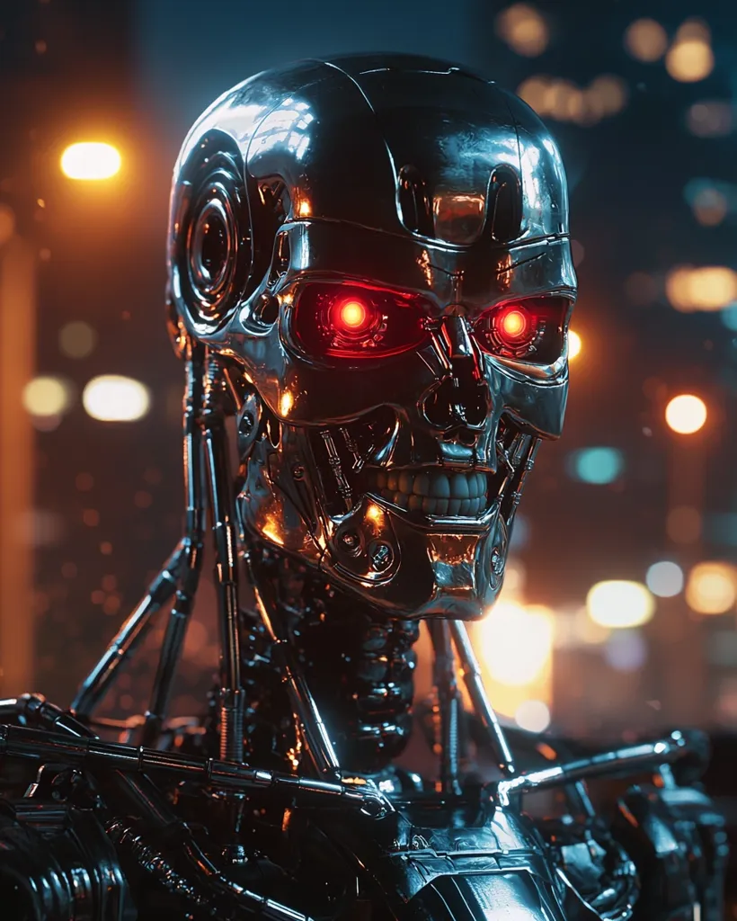 A metallic robotic head with glowing red eyes is positioned in a dimly lit city setting. The robot's face is intricate and detailed, featuring a sleek, chrome finish. The background is blurred, with out-of-focus lights creating a sense of depth. The robot appears menacing and advanced, evoking a sense of futuristic technology.