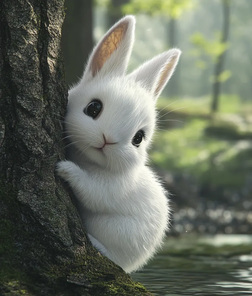 A fluffy white rabbit with large brown eyes peeks around a tree trunk, its soft fur catching the light. Its long ears are erect, and it looks directly at the viewer with a curious and slightly nervous expression. The background is blurred, suggesting a peaceful woodland setting. The image evokes a sense of innocence and charm.