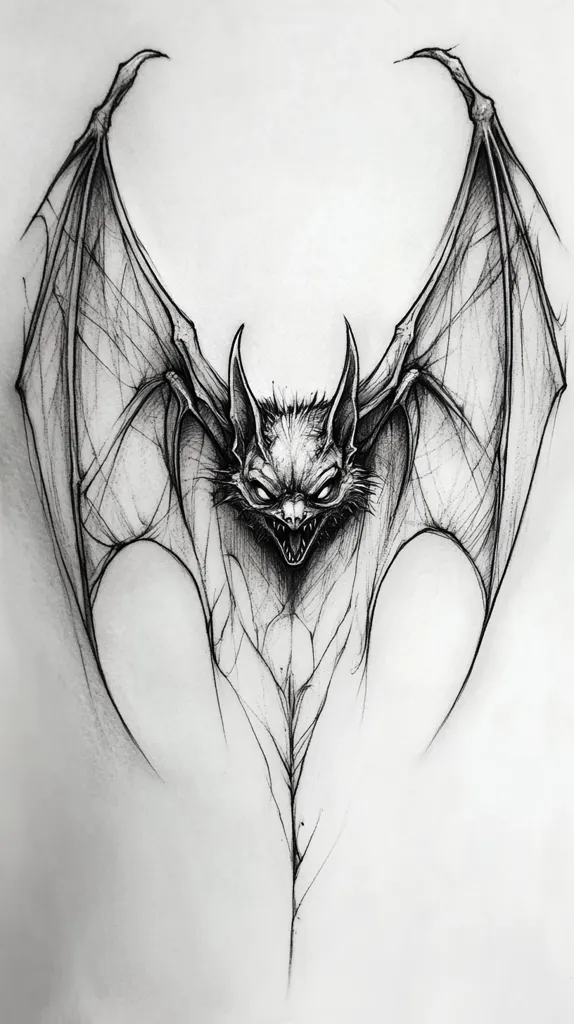 The image shows a detailed pencil drawing of a bat with its wings spread wide. The bat's face is fierce and has sharp teeth, and the drawing highlights the intricate detail of the wings, with a focus on the veins and membranes. The drawing captures the animal's menacing and powerful nature, creating a sense of both beauty and danger. The background is simple and white, allowing the bat to stand out as the sole focus of the image.