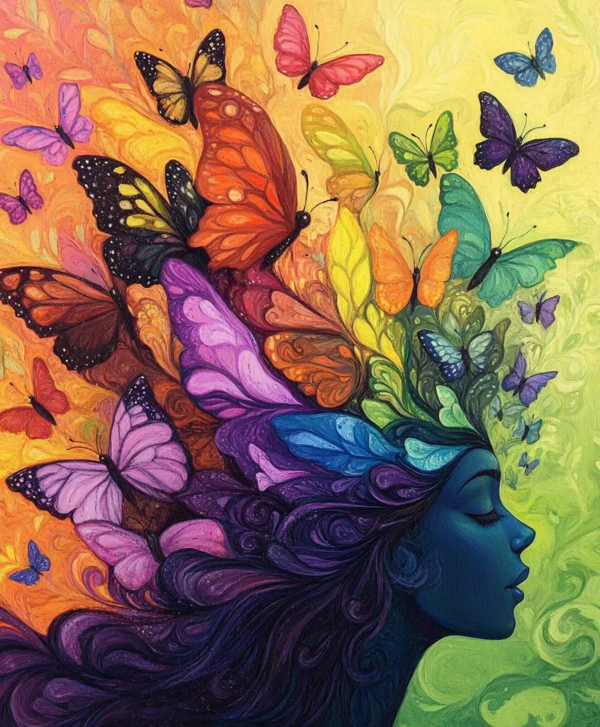 A woman with dark hair and a blue face, painted in a vibrant, abstract style. Her hair is surrounded by a colorful array of butterflies, forming a swirling kaleidoscope of color. The butterflies are diverse in size, shape, and color, creating a dynamic and whimsical scene. The background is a blend of yellow, green, and orange hues, adding to the sense of vibrancy and energy. The artwork suggests a sense of transformation, beauty, and connection with nature.