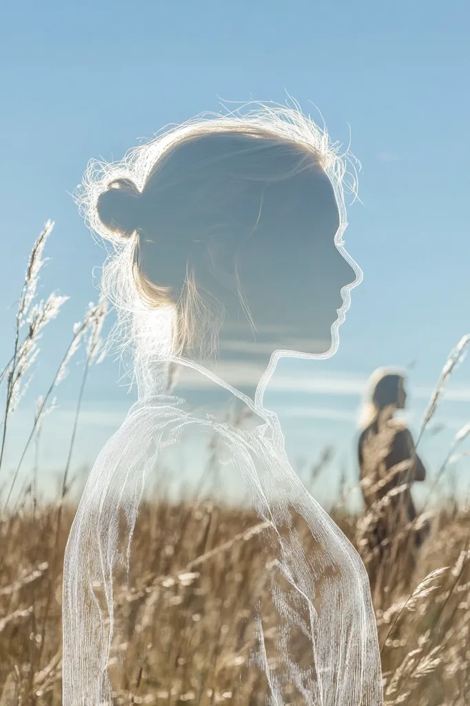 The image depicts a woman's silhouette in a field of tall grass, her head turned slightly to the side. The silhouette is outlined in white, creating a dreamy and ethereal effect. The background is a hazy blue sky, and another, less distinct figure can be seen in the distance. The image evokes a sense of solitude and reflection.