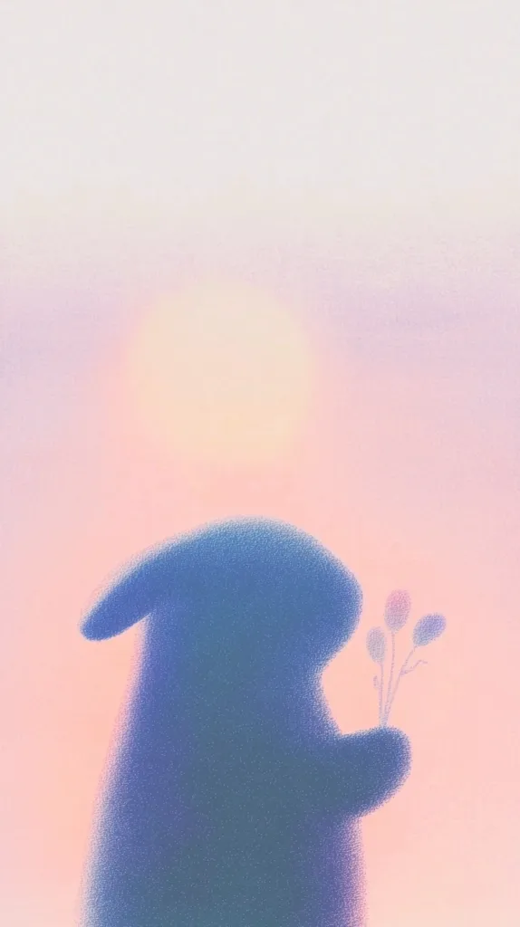 The image depicts a fuzzy, blue silhouette of a rabbit holding a small bouquet of flowers. The background is a soft pink and white gradient, with a blurred yellow orb at the top, suggesting a sunset or sunrise. The overall tone is dreamy and whimsical, evoking feelings of gentleness and hope.