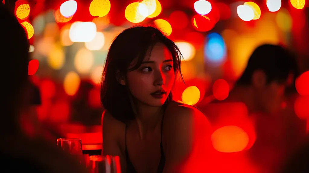 A woman with short dark hair sits in a dimly lit environment, bathed in warm red light from out-of-focus lights. She gazes to her right, and her expression is thoughtful. The background is blurred, but figures can be seen in the distance. The scene is suggestive of a night out, perhaps at a bar or restaurant.  The warm lighting and the woman's focused gaze create a sense of intimacy and mystery.