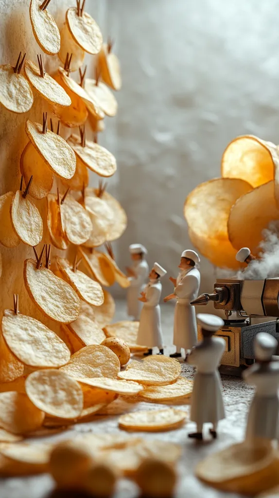 A miniature scene featuring tiny figurines dressed in white working in a chip factory. They are surrounded by large potato chips, some hanging from a wall, some scattered on a table. Steam is rising from a machine, adding a sense of busy activity to the scene. The image uses a playful juxtaposition of scale to create a whimsical and slightly surreal atmosphere.