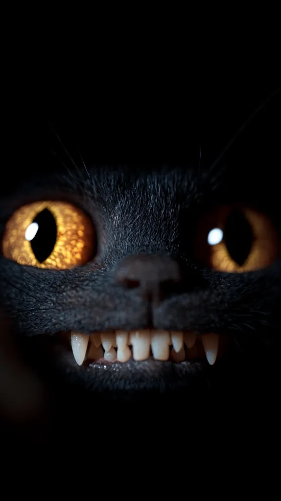A black cat with bright yellow eyes stares directly at the viewer with a menacing grin, revealing its sharp teeth. The background is dark, creating a sense of mystery and intrigue. The cat's expression is both playful and predatory, suggesting a mischievous and perhaps dangerous nature.