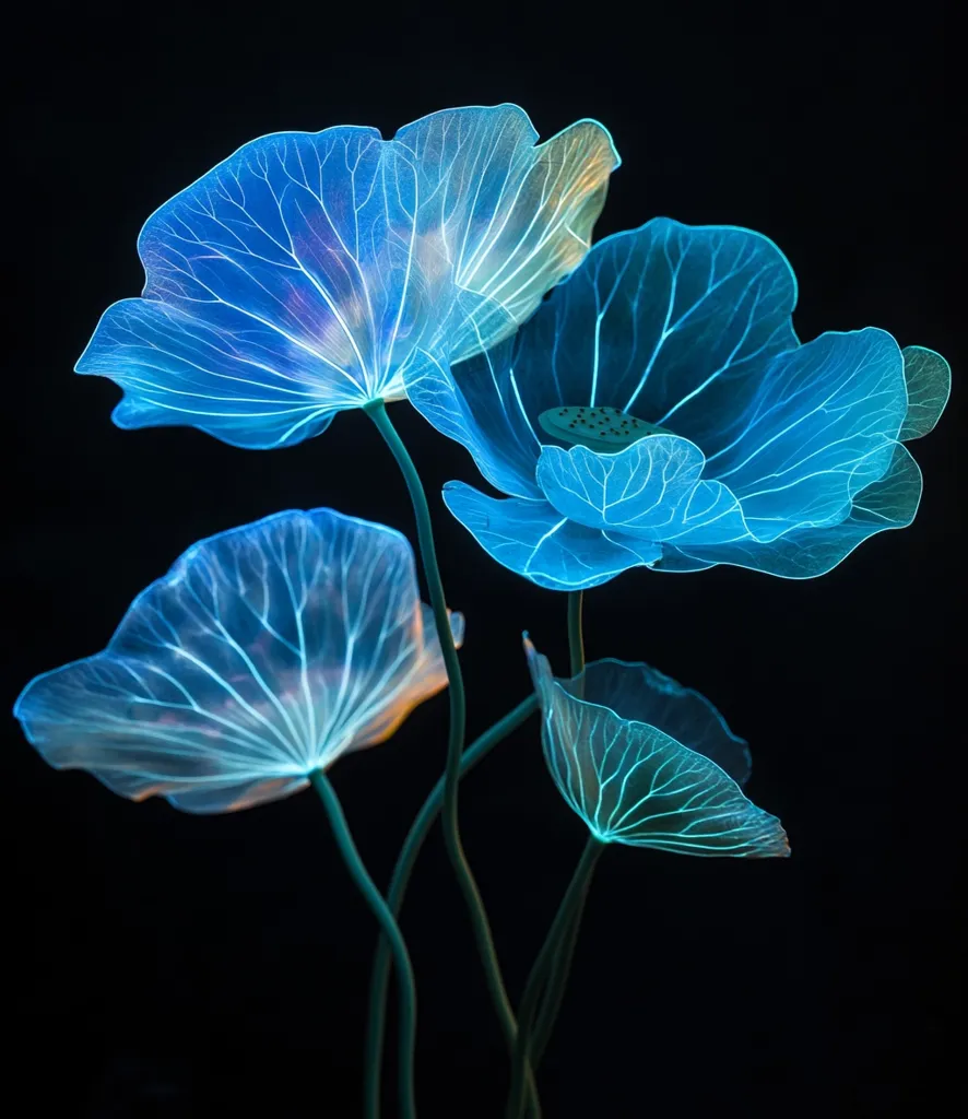 Four translucent blue lotus flowers with visible veins stand out against a black background. The delicate petals seem to glow from within, creating a dreamy and ethereal atmosphere. The image captures the beauty of simplicity and the power of subtle lighting.