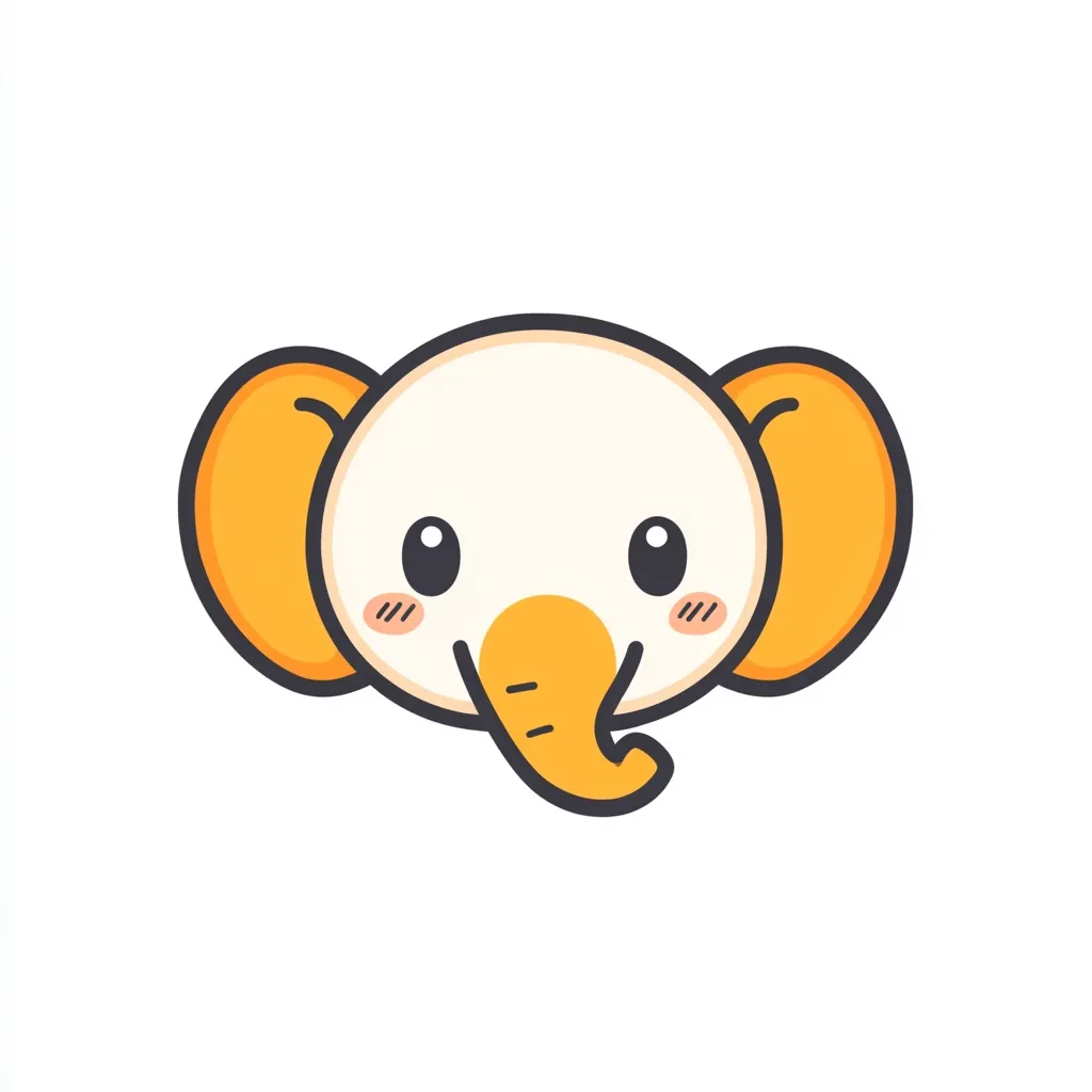 The image shows a cartoon elephant with big eyes and a cute smile. The elephant has large, orange ears and a small, yellow trunk. The background is white. The overall design is simple and cheerful, giving the elephant a friendly and approachable appearance.  It's a cute and playful depiction of an elephant.