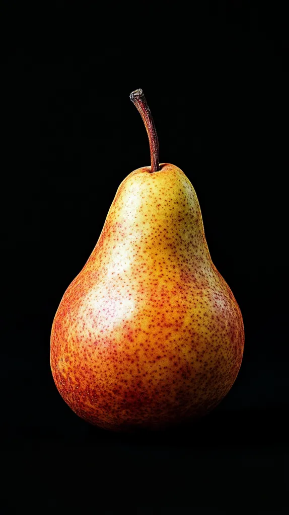A single, ripe pear with a reddish-brown skin and a short, slender stem sits against a stark black background. The pear's surface is covered in tiny, speckled dots, highlighting its mature state. The image captures the pear's simple elegance and natural beauty.