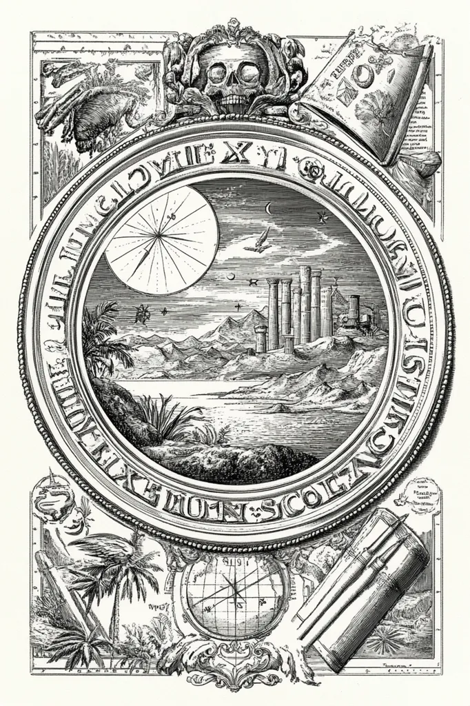 A circular, ornate frame surrounds an image of a mountainous landscape with a body of water in the foreground. An ornate skull sits atop the frame. Other details include a compass, a book, palm trees and a set of pillars in the distance. The scene appears to be a fantastical or allegorical one, suggesting a journey of exploration and discovery. The image is rendered in black and white, suggesting a historical or antique style. The detailed ornamentation and intricate design create a sense of wonder and mystery.