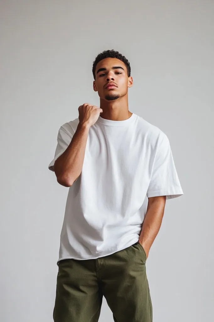 A young man with short, dark hair is wearing a white t-shirt and olive green pants. He is standing in front of a plain white background, looking at the camera with a serious expression. One hand is resting on his shoulder, while the other is in his pocket. The image is likely a portrait or fashion shoot.