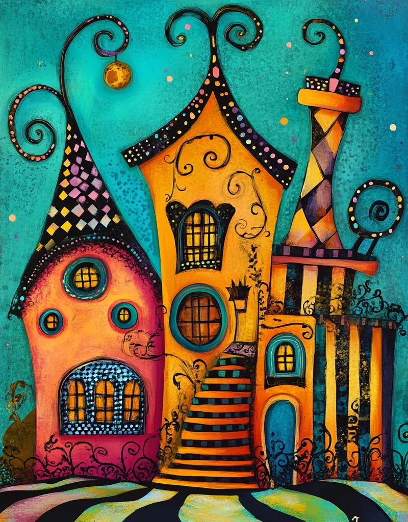The image is a whimsical painting of a brightly colored, three-story house. The house has a variety of unusual features, including a spiral staircase, a chimney with a hat, and a window with a moon-shaped glass. The house is surrounded by a colorful, abstract garden, and the sky is painted in shades of blue and turquoise. The painting is full of energy and imagination, and it creates a sense of wonder and whimsy.