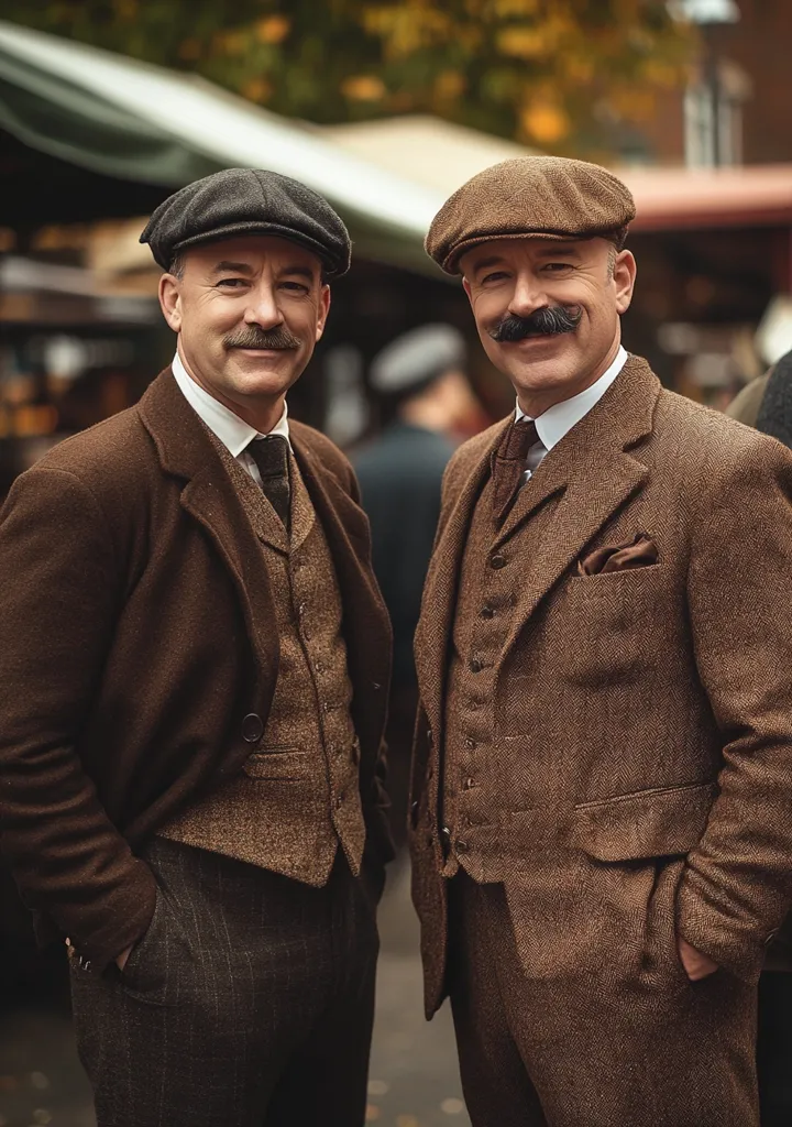 Two men in tweed suits and flat caps stand in a busy street market. They are dressed in vintage fashion, with one man sporting a mustache. The man on the left has a more casual look, while the man on the right is dressed in a more formal three-piece suit. Both men have a relaxed and confident air about them. They are likely friends or acquaintances enjoying a day out in the city. The background is a blur of people and activity, giving the impression of a bustling marketplace.